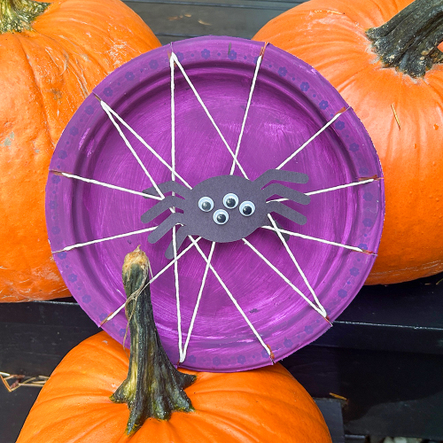 A photograph of a purple paper plate with a craft spiderweb and paper spider on it surrounded by pumpkins