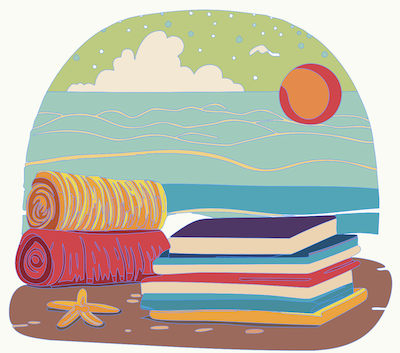 illustration of a pile of books on a beach