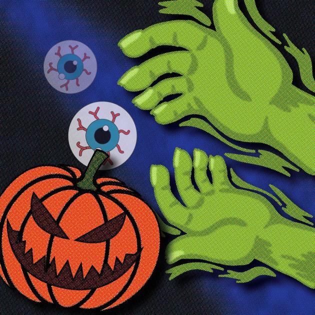 Green goblin hands grasp at blood-shot eyes above a jack-o-lantern