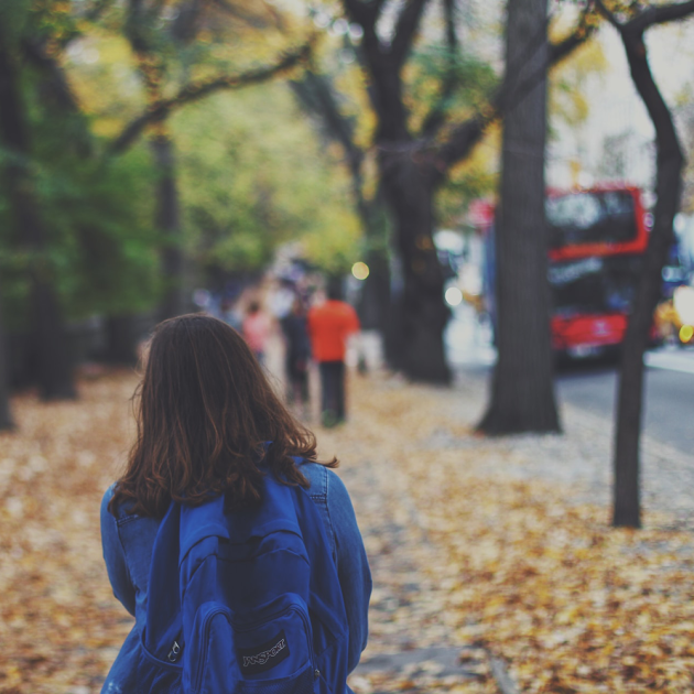 Woman walking on a fall day on a leaf-strewn sidewalk. A red bus is in the street.