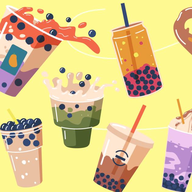 Illustration of multiple bubble tea boba drinks with pearls and straws