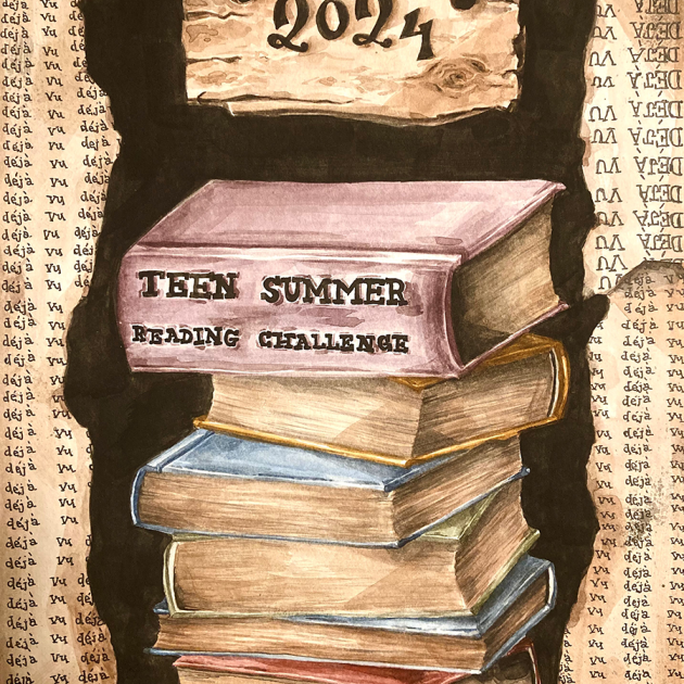 illustration of a stack of books with a sign hanging over them with "2024" on it. The phrase "deja vu" is written all over the sides of the illustration