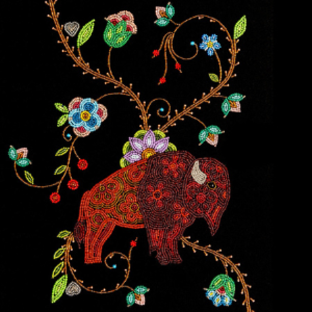 Bead artwork of a buffalo and flowers on a stem