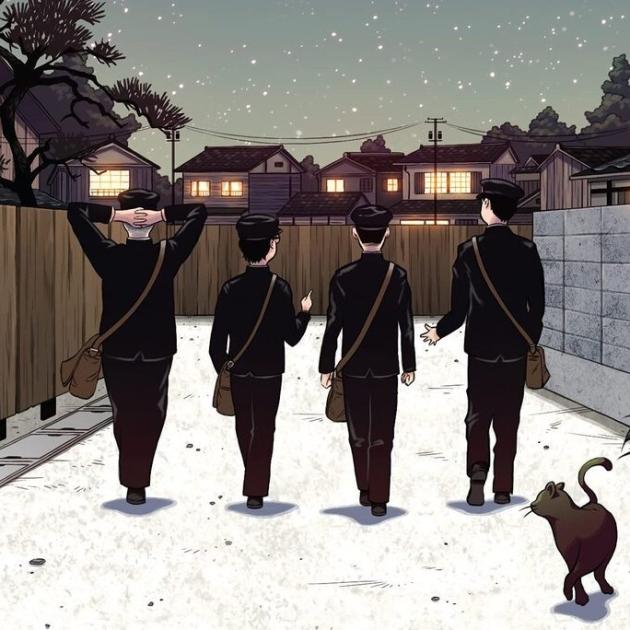 A computer illustration of 4 boys and a cat walking down an alley on a snowy evening