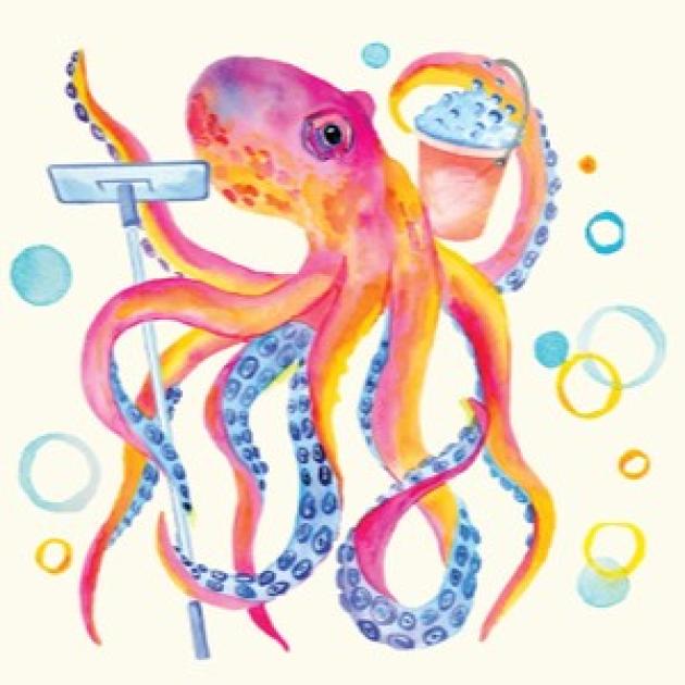 A painting of a colourful octopus holding cleaning supplies