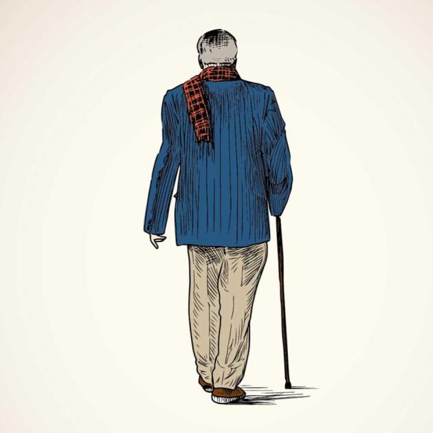 An illustration of the back of a man with a cane wearing a blue jacket and red scarf.