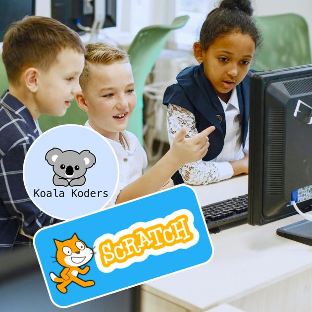 Children looking and pointing at computer screen, with Koala Koders and Scratch logos