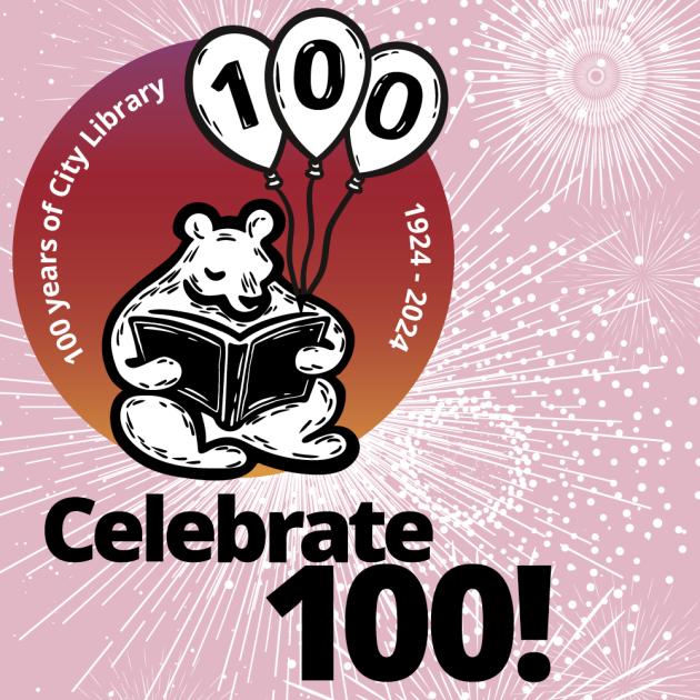 City Library Centennial logo features a bear reading a book and holding balloons that spell "100"