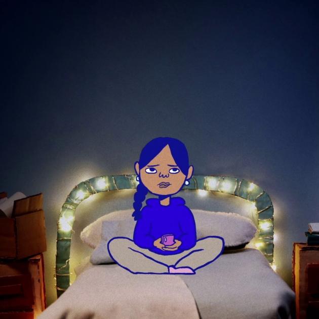 An animation of a girl sitting crossed-legged on bed with lights on the head board