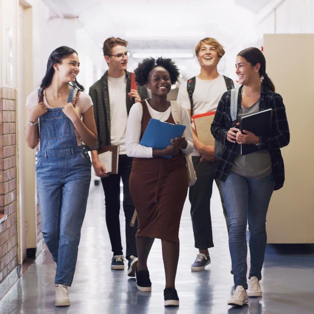 Group of high school teens walking down school hallway