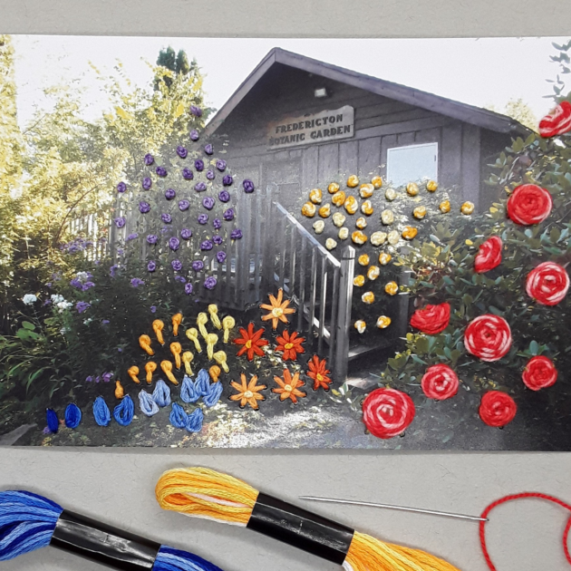 photo embroidery of a house with flower bushes at the front 