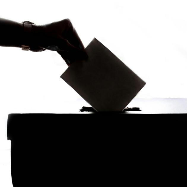 A silhouette of a hand dropping a ballot into a ballot box