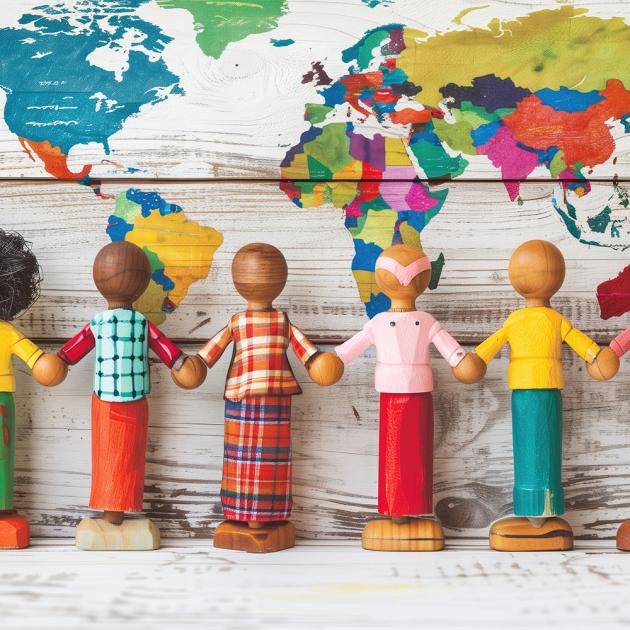 Colourful wooden dolls stand in front of world map