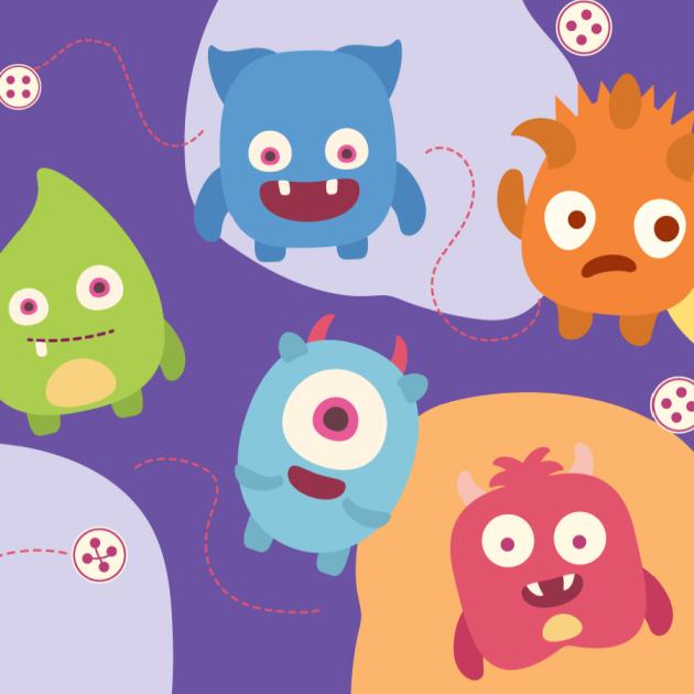 Illustration of monsters and creatures with buttons and stitches