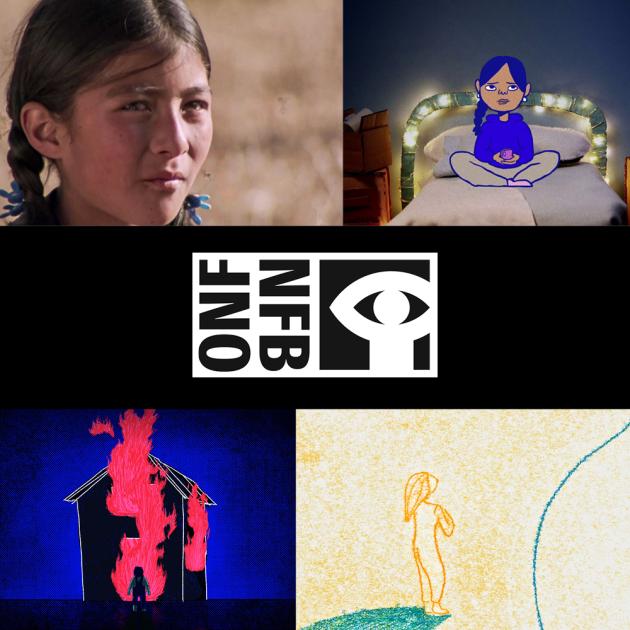 Stills from four films showing young girl's face, illustration of girl sitting on bed, a house on fire, and a sketch of a woman