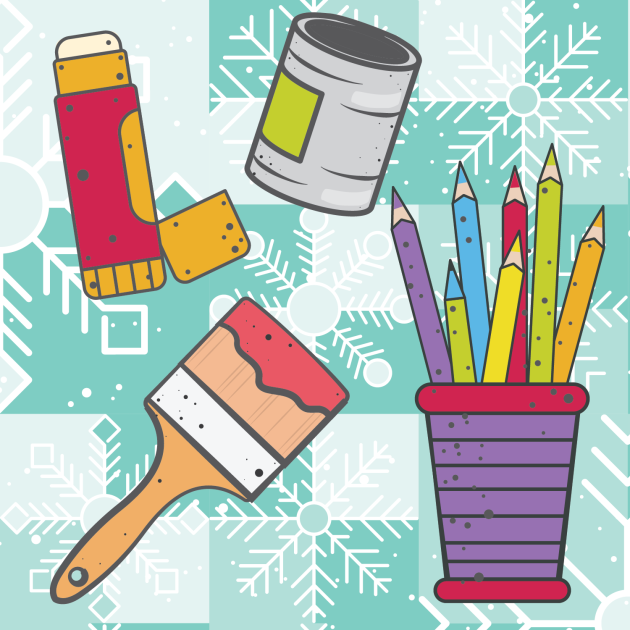 Graphic image of craft supplies on a teal background