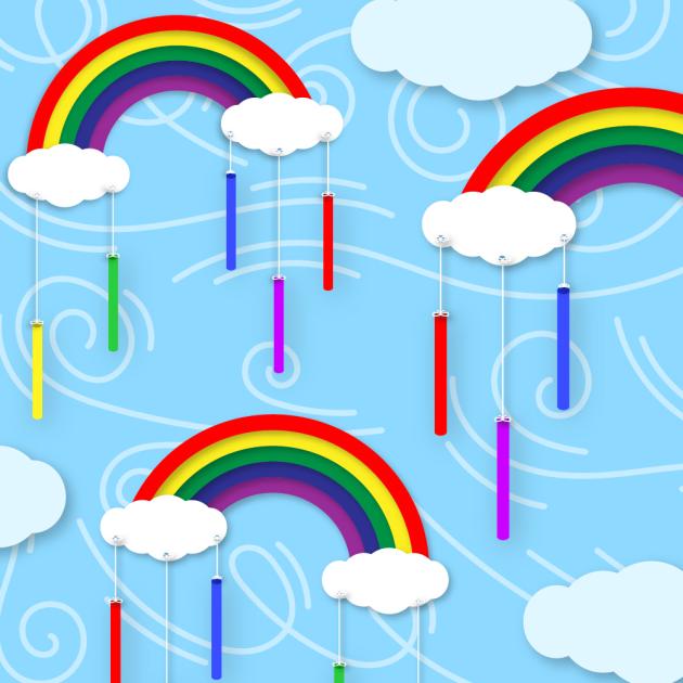 illustration of rainbows with chimes hanging from them