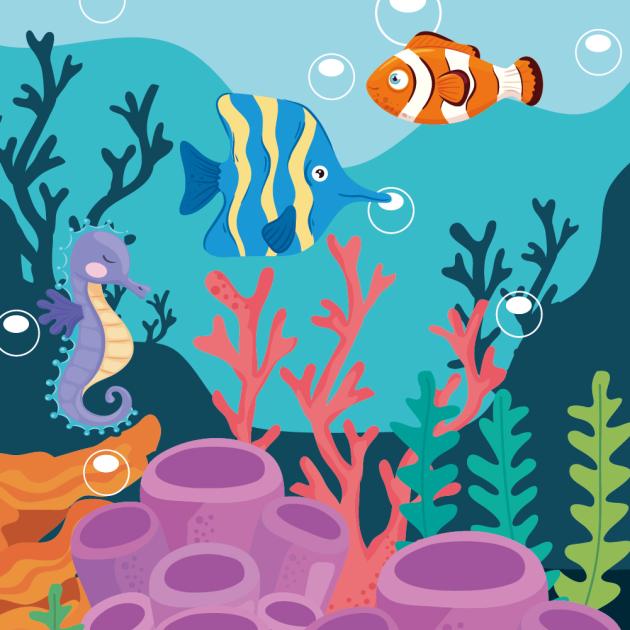 one sea horse and two striped fish near colorful pink and green coral reefs