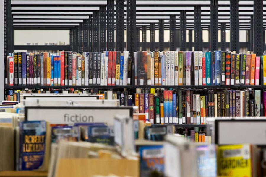 A photo of a row of library books